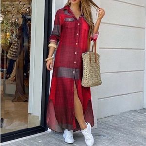Berry Suay Plaid Button Down Maxi Shirtdress S-5X